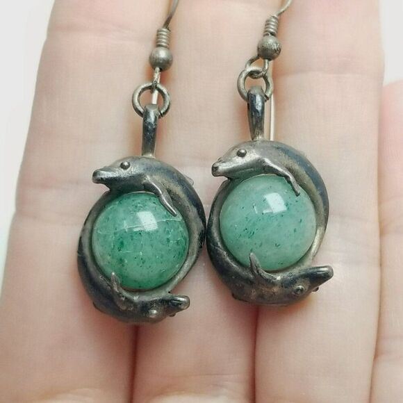 Vintage Dolphin Green Ball Dangle Earrings, Silver Tone Tarnished, 80s 90s Style - Picture 1 of 8